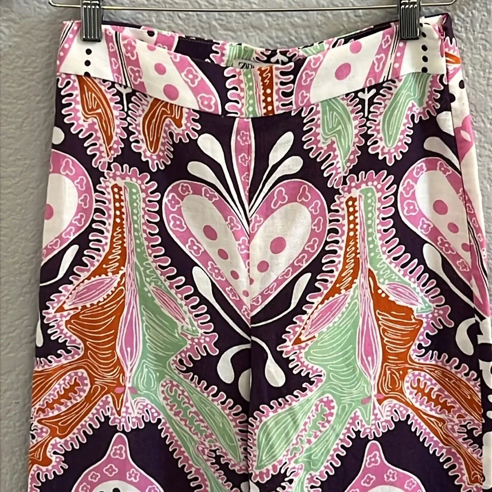 ZARA Linen Blend Floral Wide Leg Pants Size XS